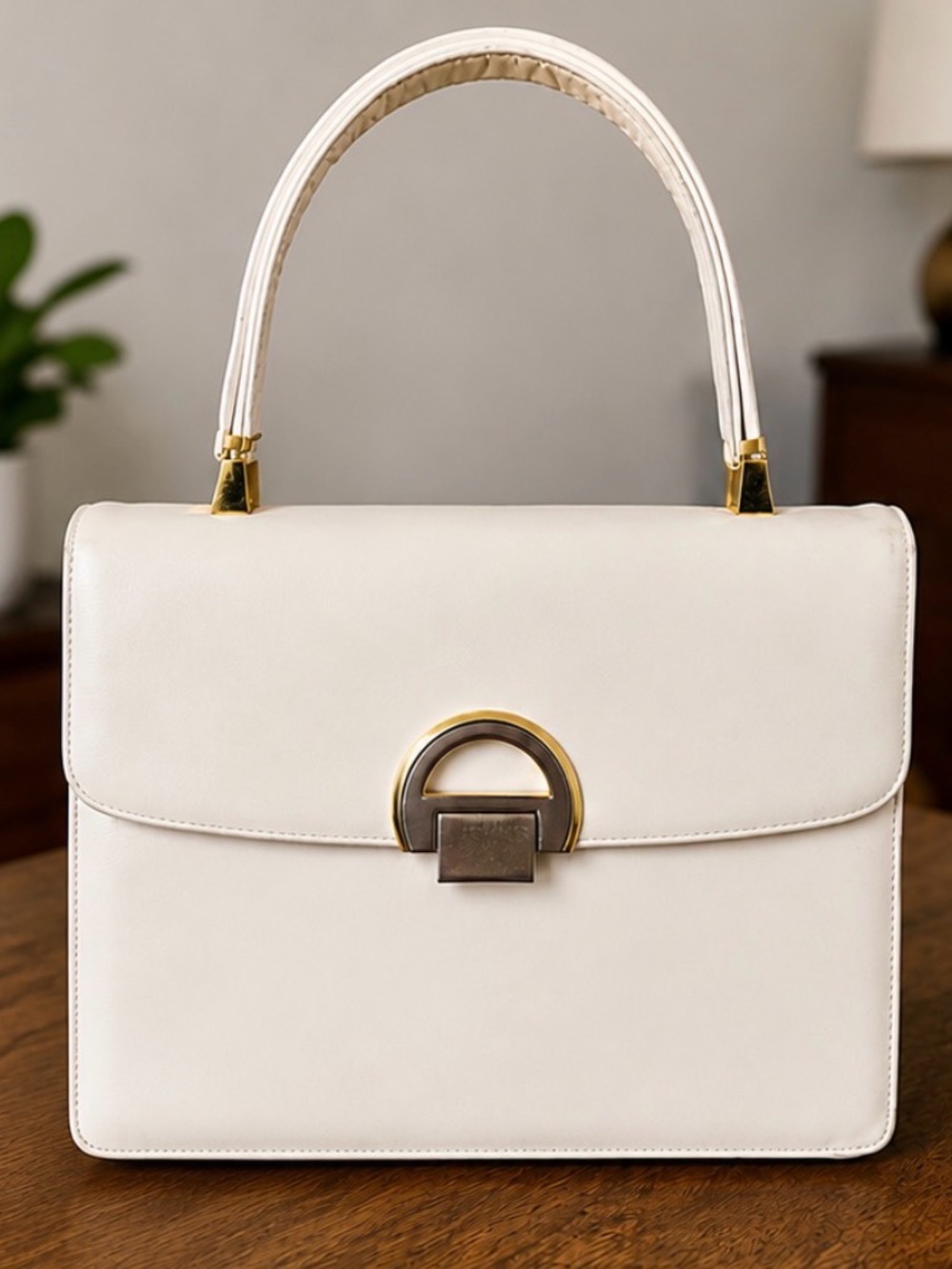 Vintage Koret white Leather Top Handle Handbag / Attached Coin Purse Red in